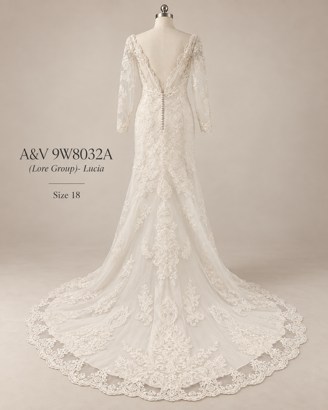 Back mannequin view of A&V 9W8032A Lucia size 18 lace bridal gown with long sleeves and train