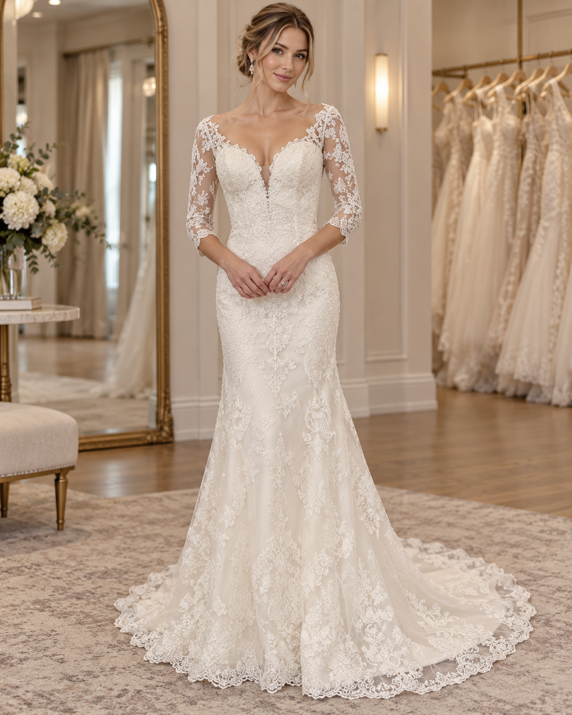 Bride wearing A&V 9W8032A Lucia size 18 long sleeve ivory lace wedding dress