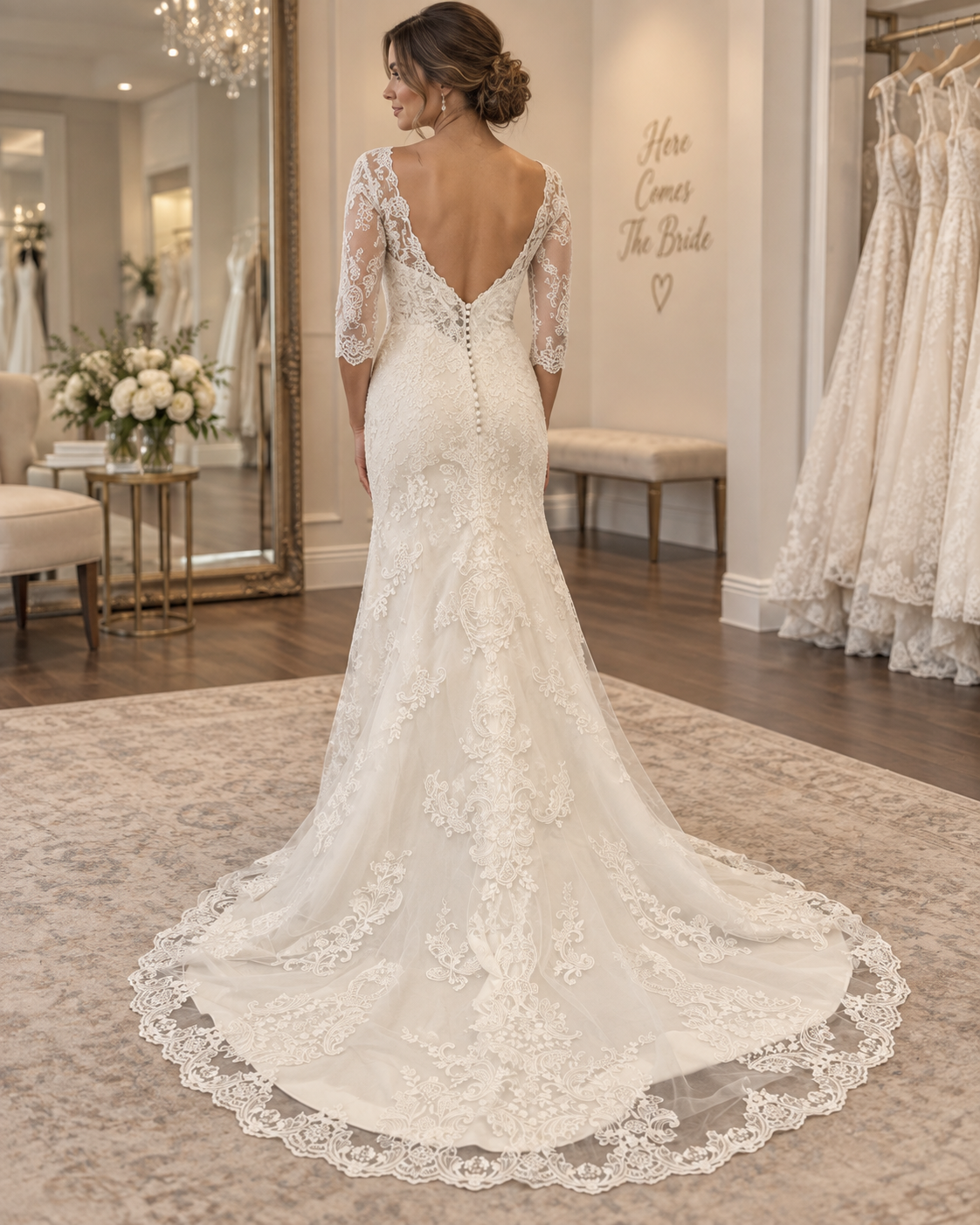 Back view of bride wearing A&V 9W8032A Lucia size 18 lace wedding gown with elegant train