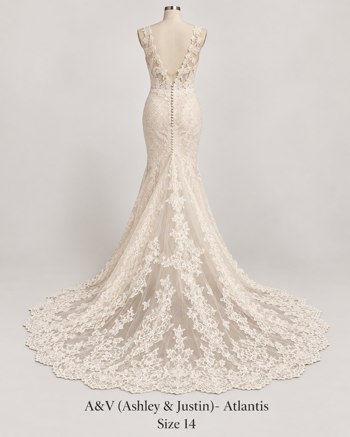 Back mannequin view of A&V Ashley and Justin Atlantis size 14 lace wedding dress with deep V back and dramatic train