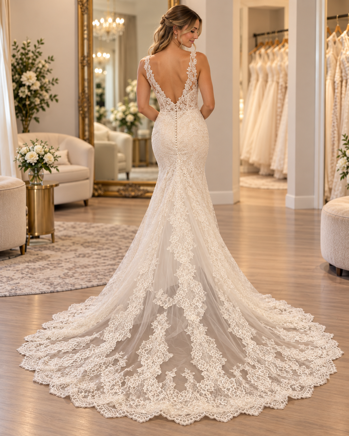 Back view of bride wearing Atlantis size 14 lace fit and flare wedding dress with low V back and scalloped train