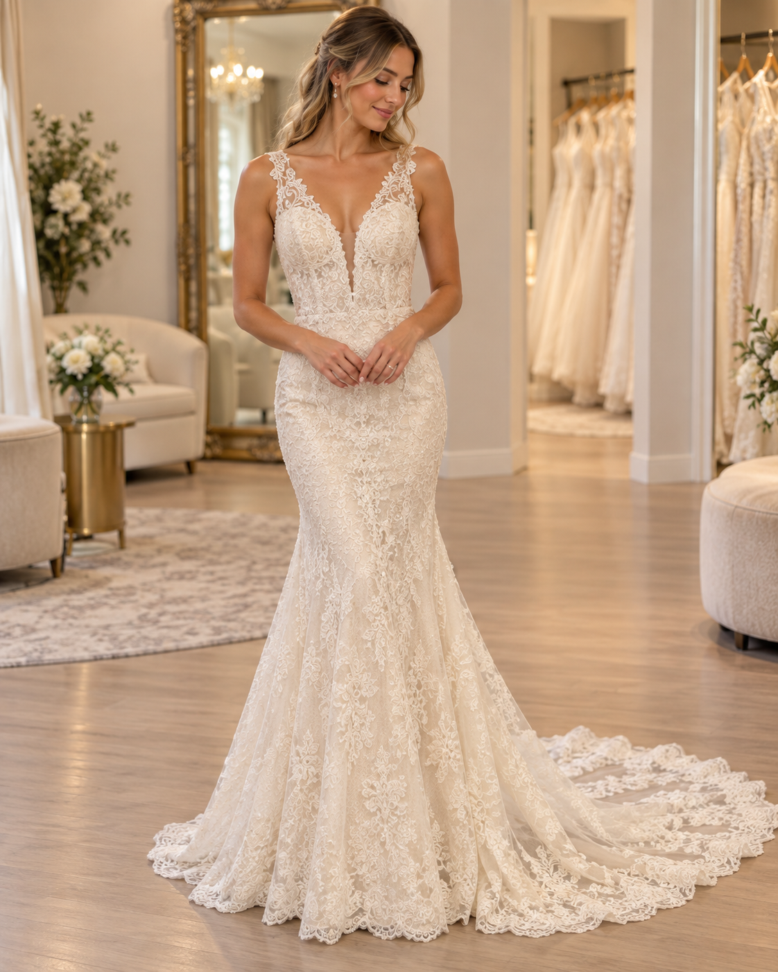 Bride wearing A&V Ashley and Justin Atlantis size 14 lace wedding gown with deep V neckline and fitted mermaid silhouette
