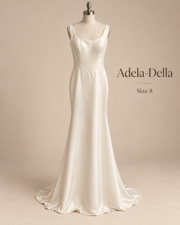 Front mannequin view of Adela-Della size 8 ivory satin wedding dress with scoop neckline and minimalist fit-and-flare silhouette