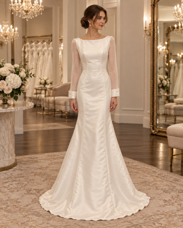Bride wearing Camila size 6 soft white satin long sleeve wedding dress with bateau neckline
