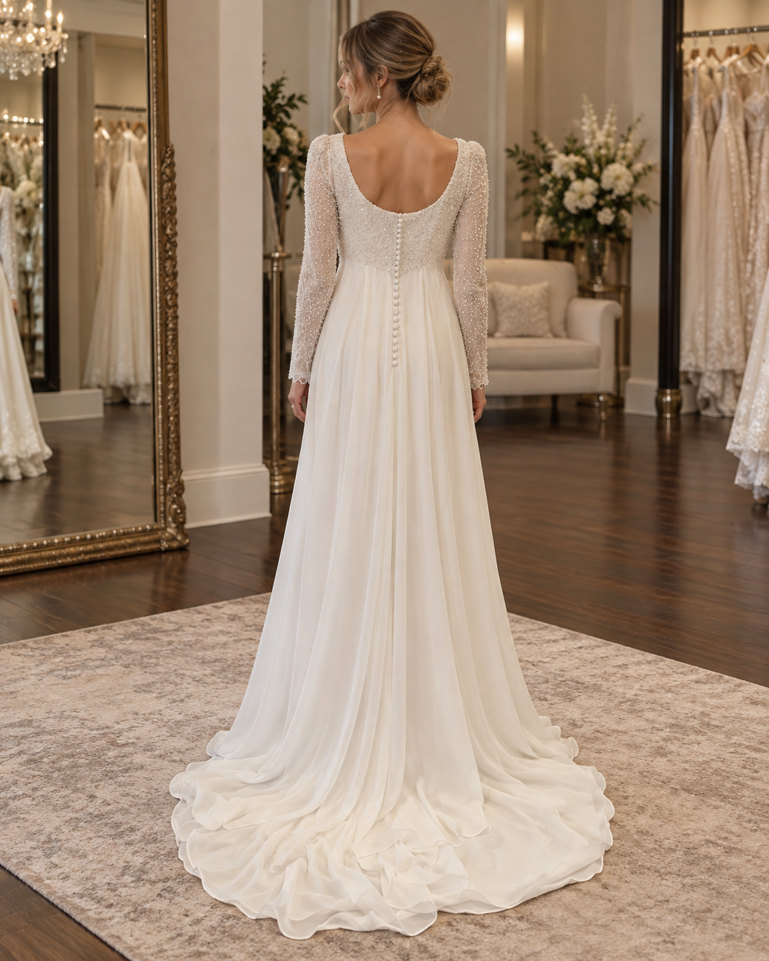 Back view of bride wearing Amayah size 12 long sleeve bridal gown with beaded bodice, buttons and flowing train