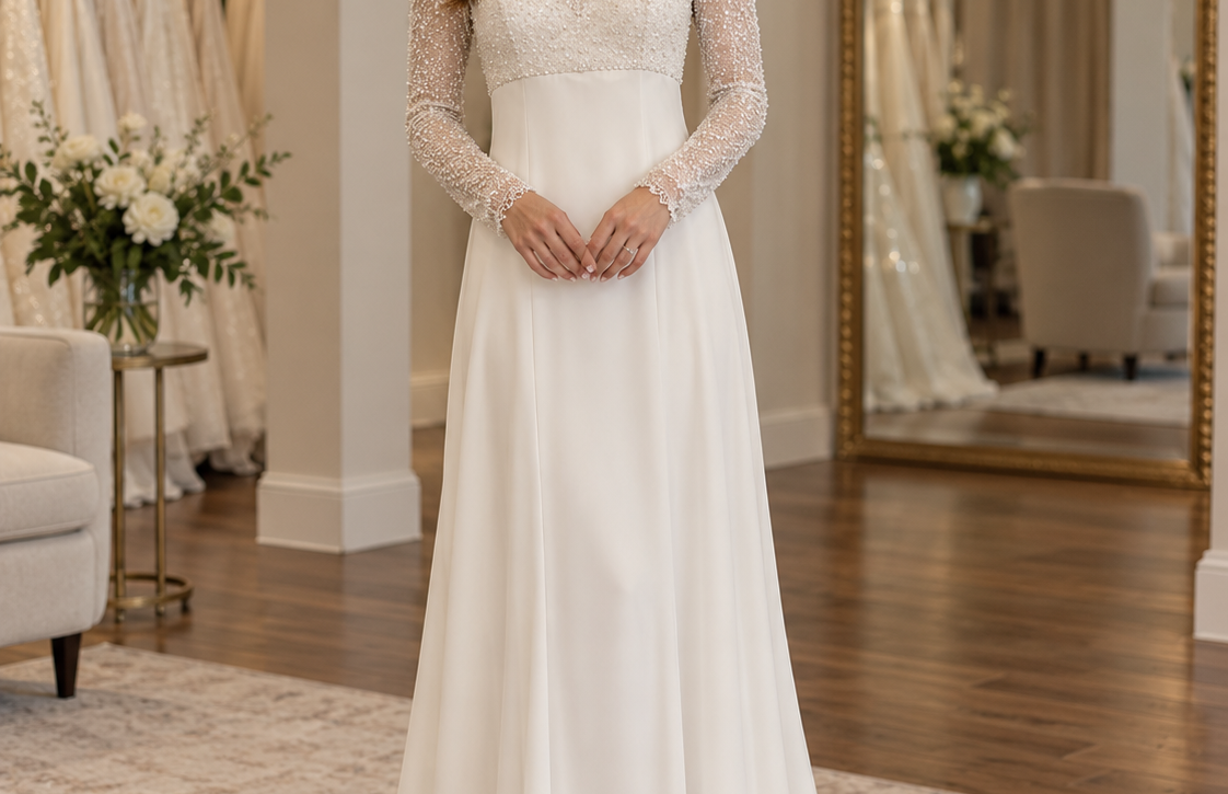 Bride wearing Amayah size 12 ivory wedding dress with beaded long sleeves, scoop neckline and flowing skirt