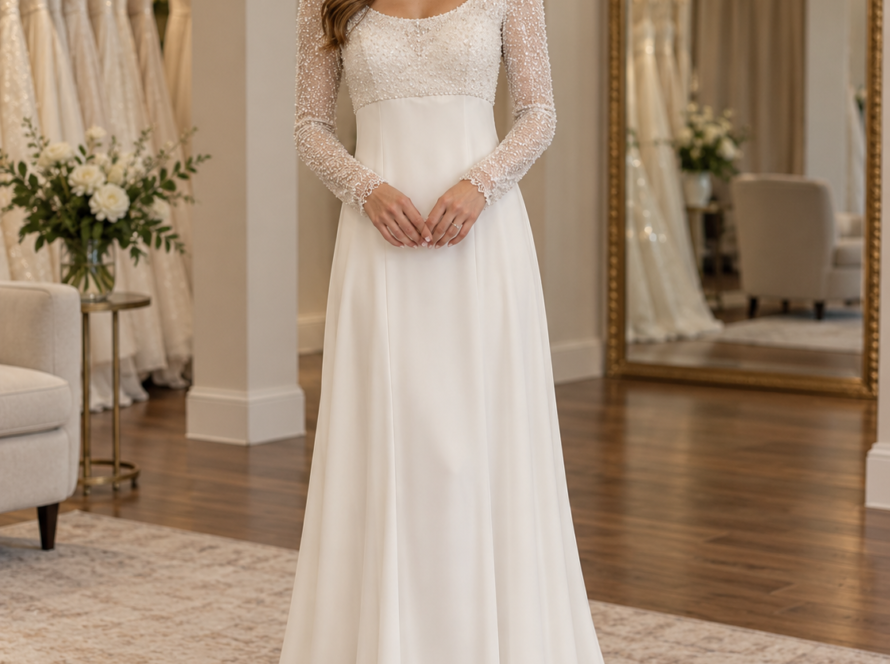 Bride wearing Amayah size 12 ivory wedding dress with beaded long sleeves, scoop neckline and flowing skirt