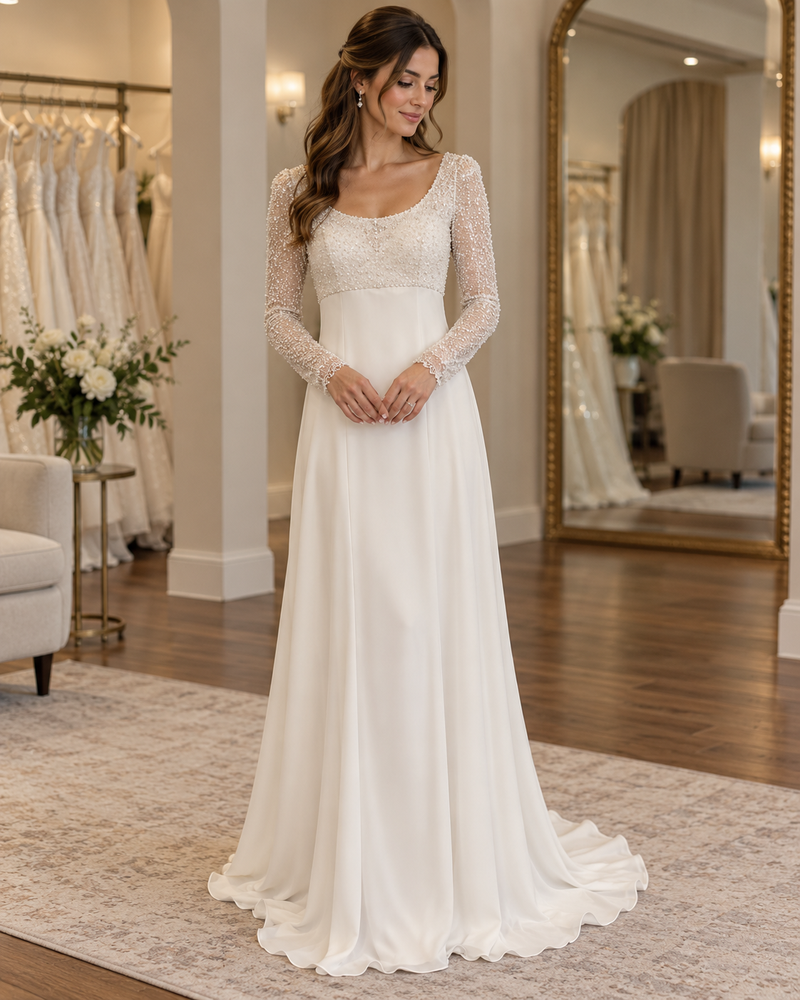 Bride wearing Amayah size 12 ivory wedding dress with beaded long sleeves, scoop neckline and flowing skirt