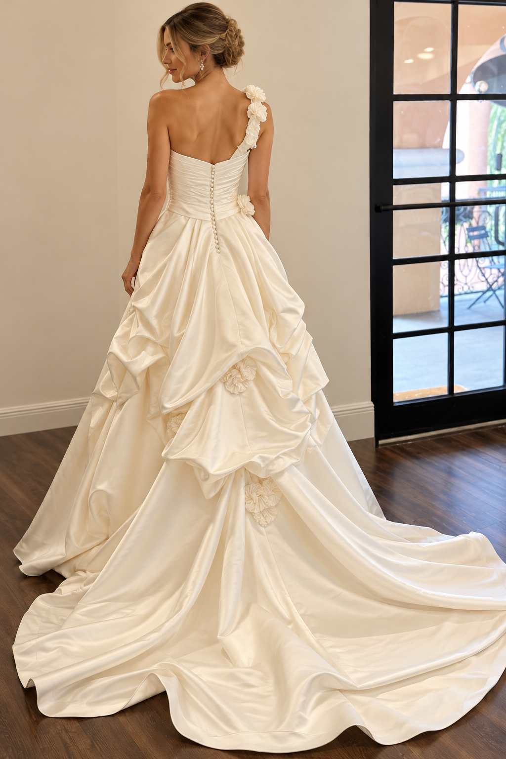 The “Amiri” Wedding Gown: One-Shoulder Satin Ball Gown with Sculptural Floral Details - Image 2
