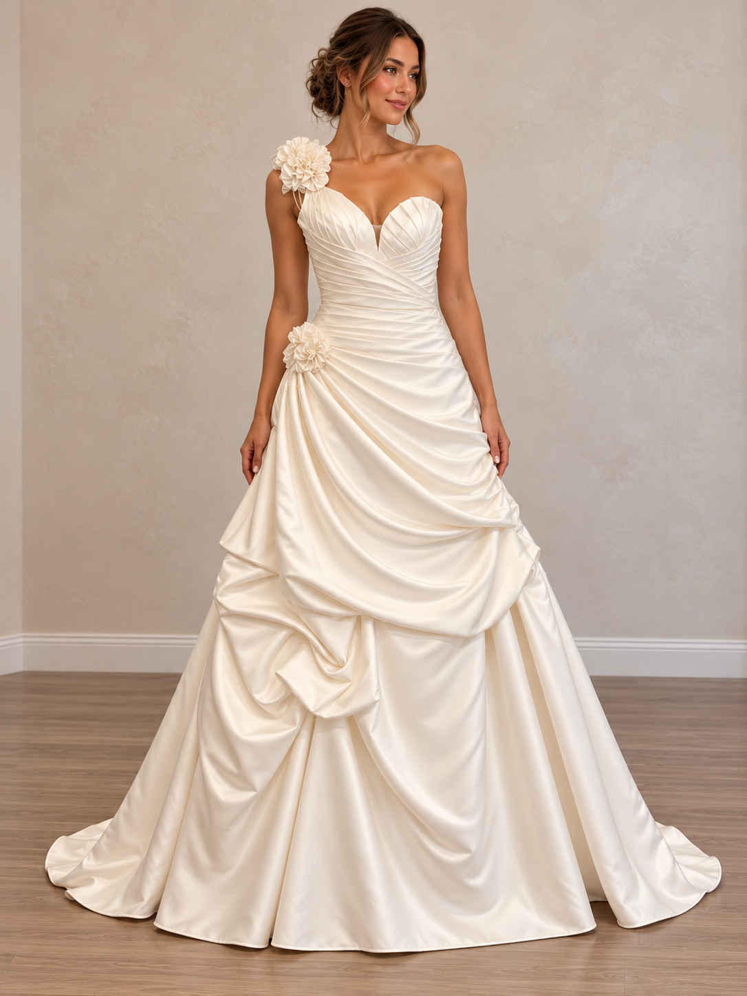 The “Amiri” Wedding Gown: One-Shoulder Satin Ball Gown with Sculptural Floral Details