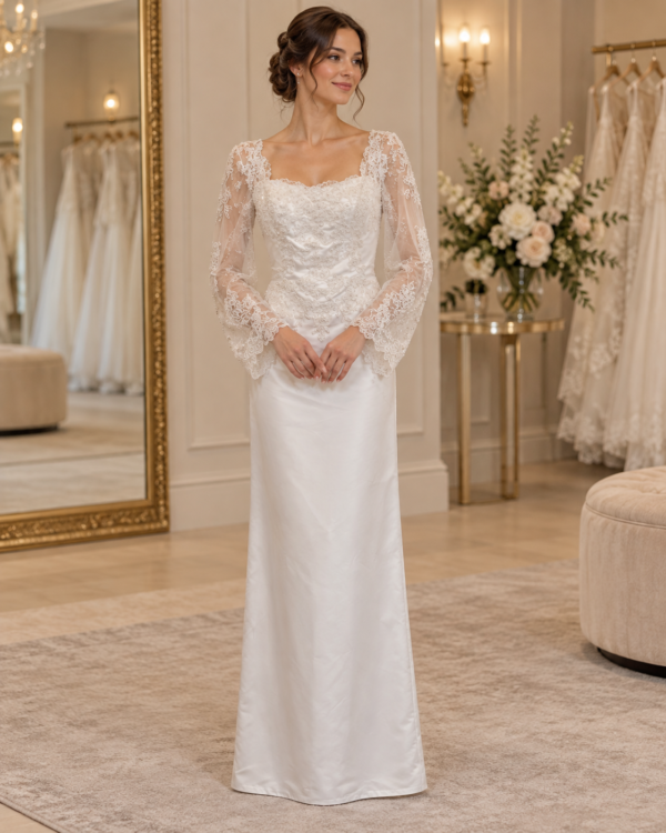 Bride wearing Aurora size 24 wedding dress with scoop back, lace sleeves and button detail