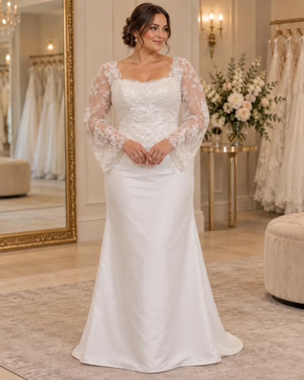 The “Aurora” Gown: Timeless Lace Elegance with Graceful Long Sleeves
