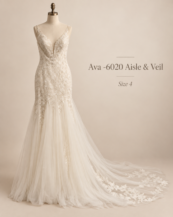 Front view of Aisle & Veil Ava 6020 size 4 wedding dress with deep V-neckline, floral lace bodice and soft tulle fit-and-flare skirt