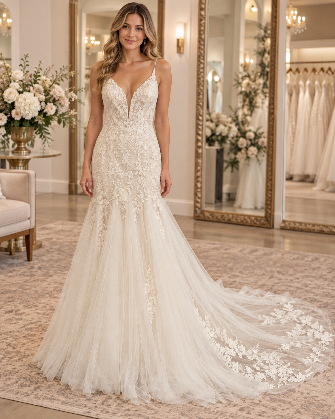 Bride wearing Aisle & Veil Ava 6020 size 4 wedding gown with plunging V-neck lace bodice and romantic tulle train