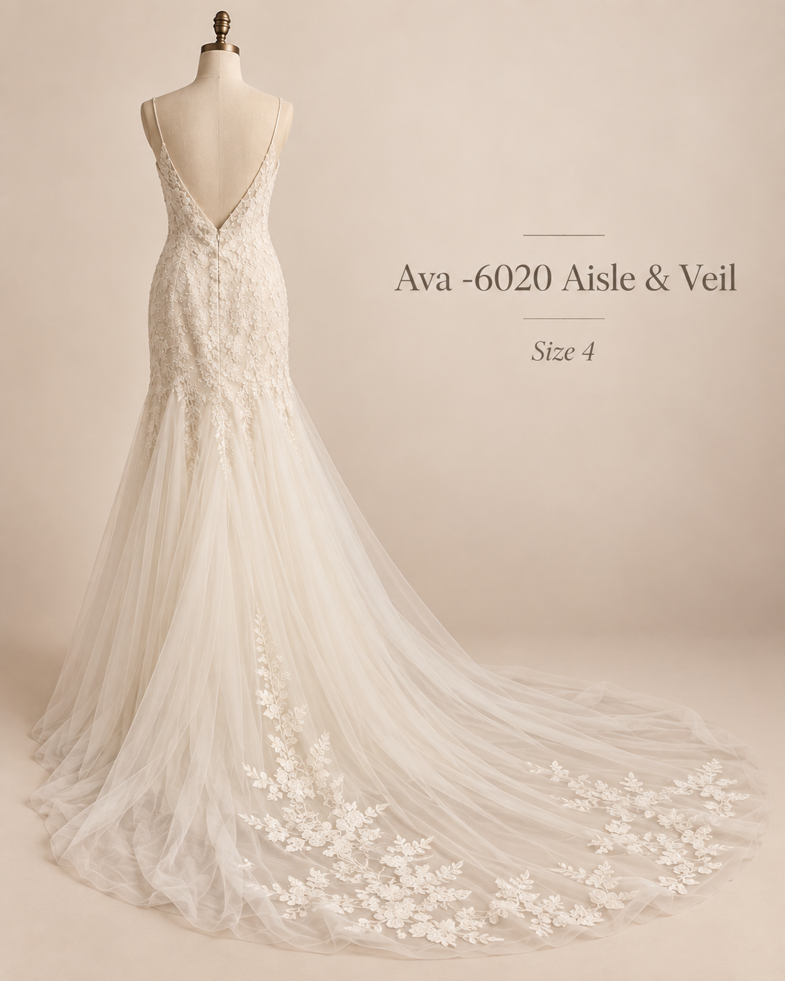 Back view of Aisle & Veil Ava 6020 size 4 wedding dress with deep V-back, fitted lace bodice and floral lace tulle train