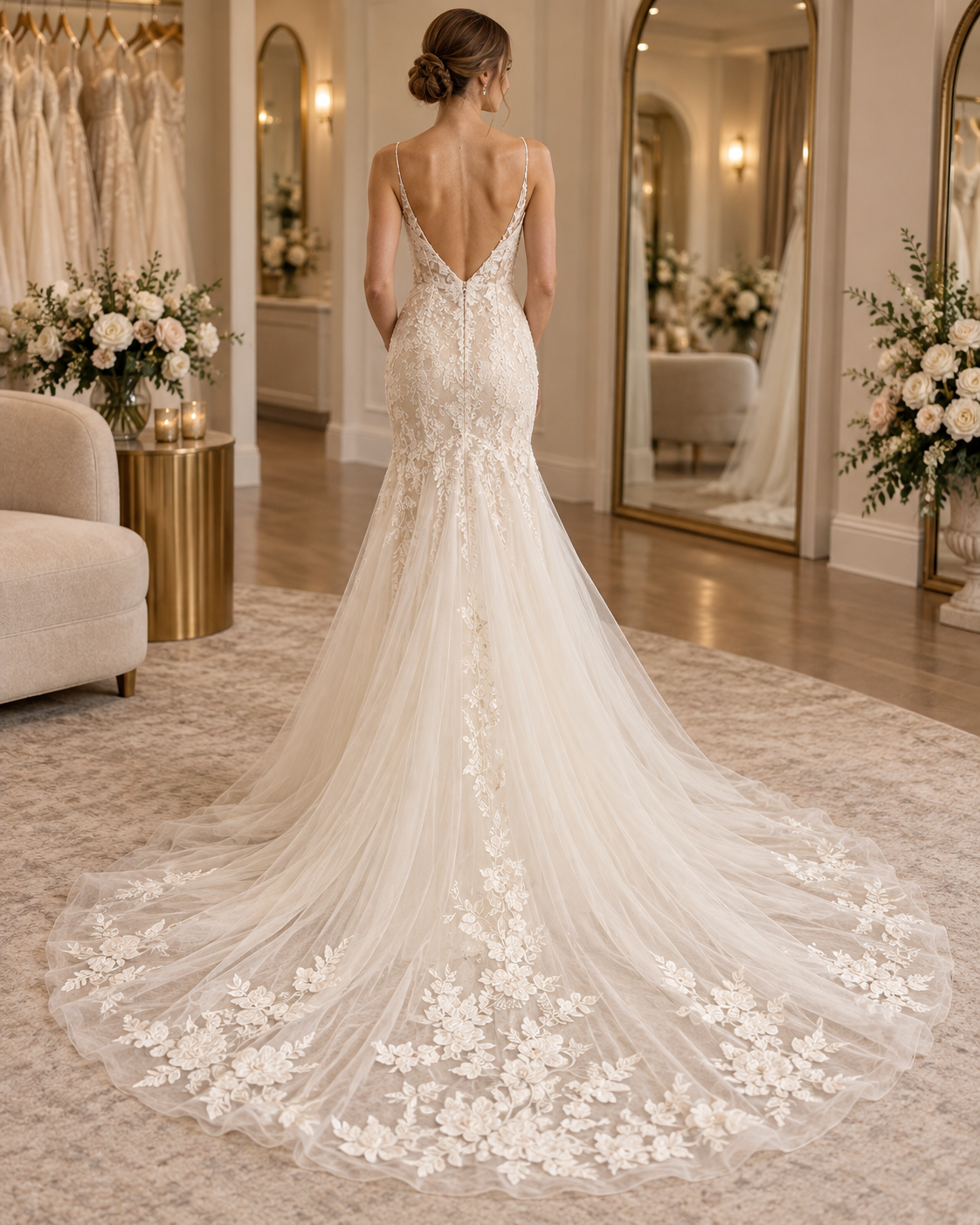Bride wearing Aisle & Veil Ava 6020 size 4 wedding gown showing deep V-back and extended floral lace train
