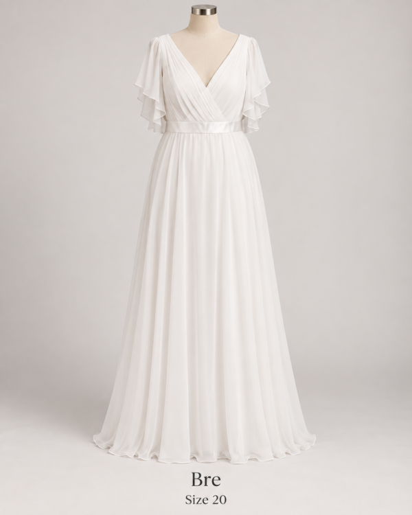 Front view of Bre size 20 wedding gown with pleated V-neck bodice, flutter sleeves and flowing chiffon skirt