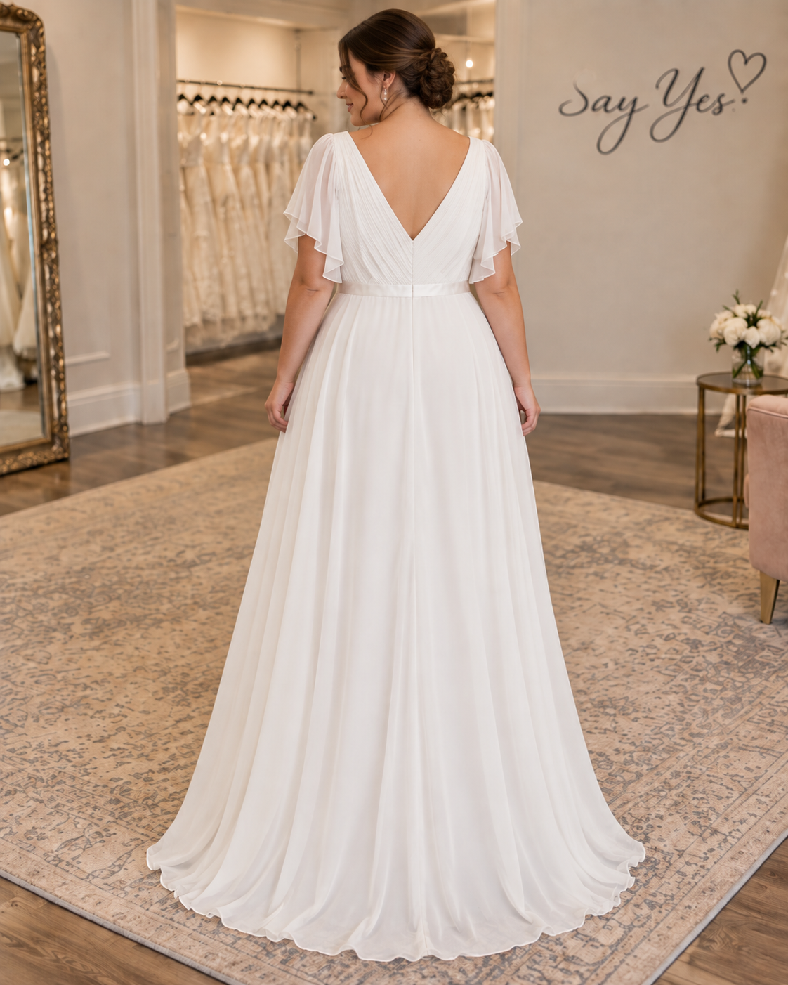 Bride wearing Bre size 20 wedding dress showing V-back, flutter sleeves and soft flowing chiffon skirt
