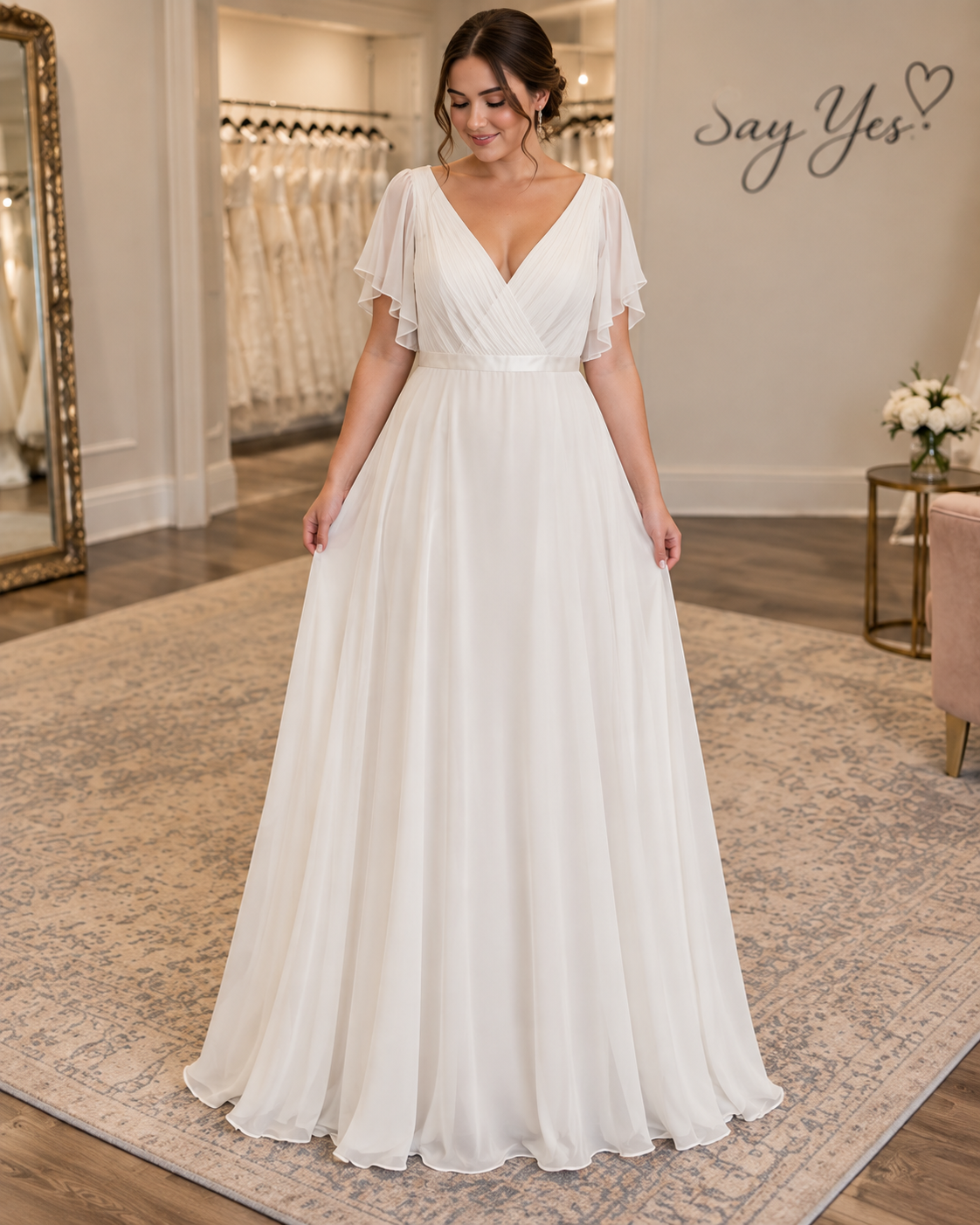 Bride wearing Bre size 20 wedding gown with wrap-style V-neck bodice, flutter sleeves and romantic A-line chiffon skirt