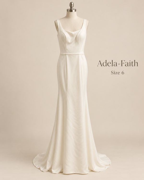 Front mannequin view of CLA-600109 Love size 6 minimalist ivory satin wedding dress with cowl neckline