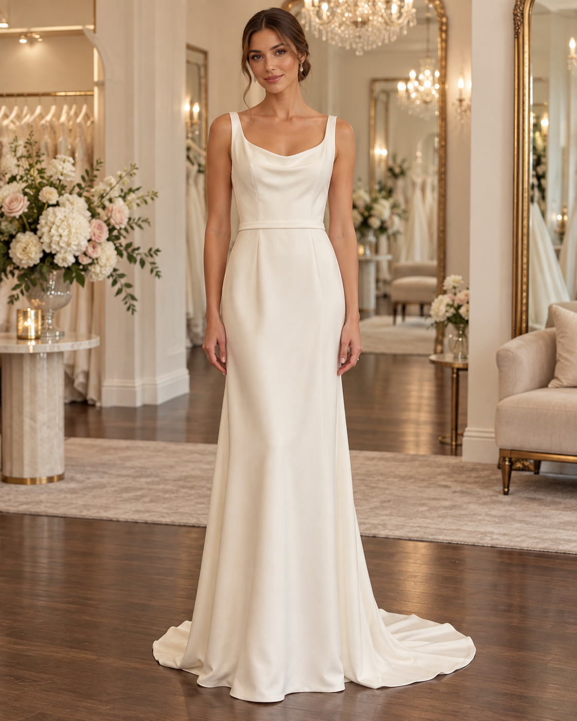 Bride wearing CLA-600109 Love size 6 minimalist satin wedding dress with cowl neckline and slim silhouette