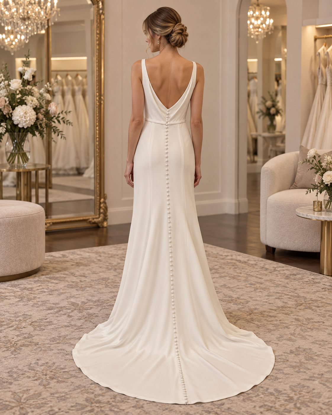 Back view of bride wearing CLA-600109 Love size 6 wedding gown with low V-back, covered buttons and satin train