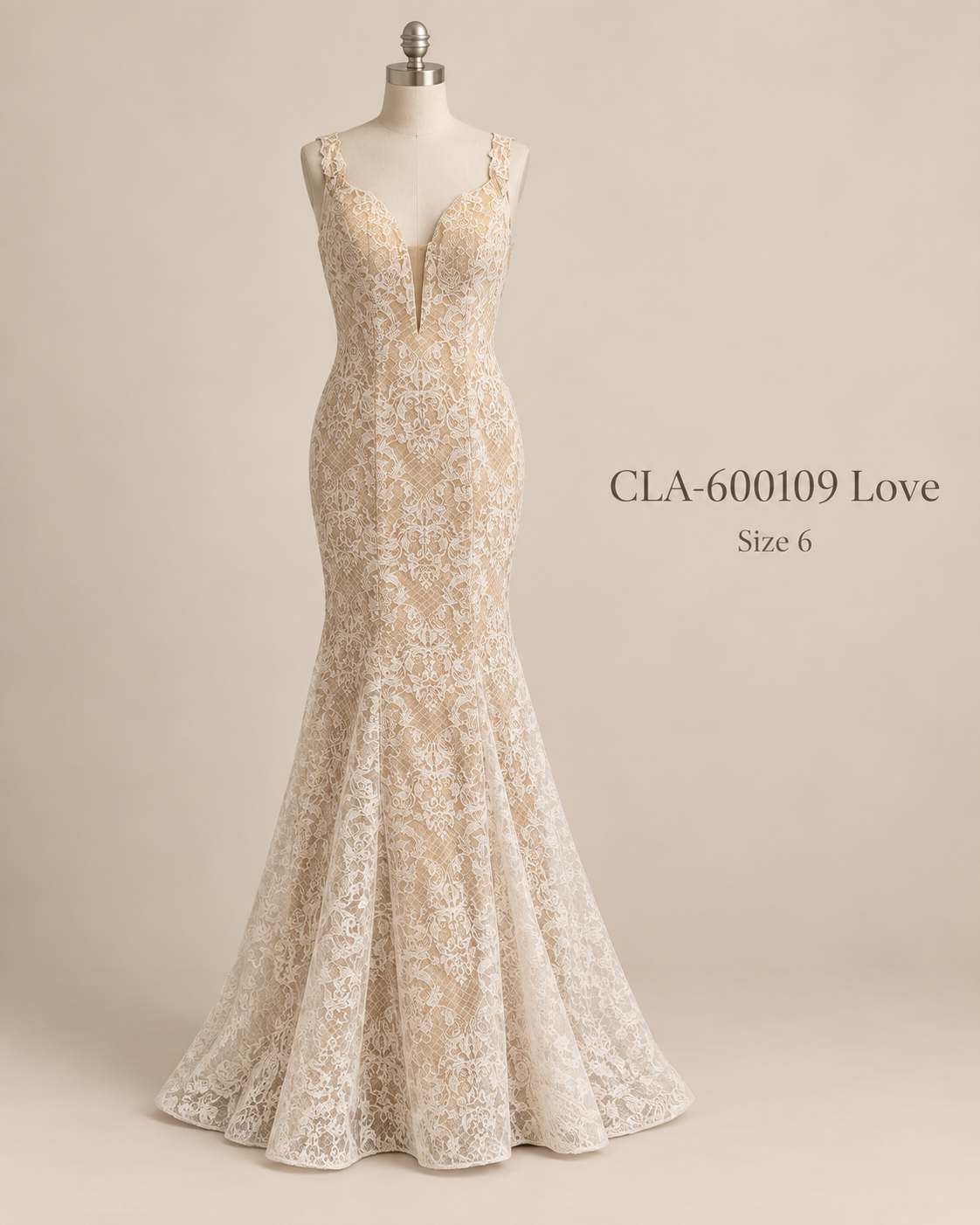 Front mannequin view of Camila size 6 ivory lace fit and flare wedding dress with deep V neckline and nude underlay