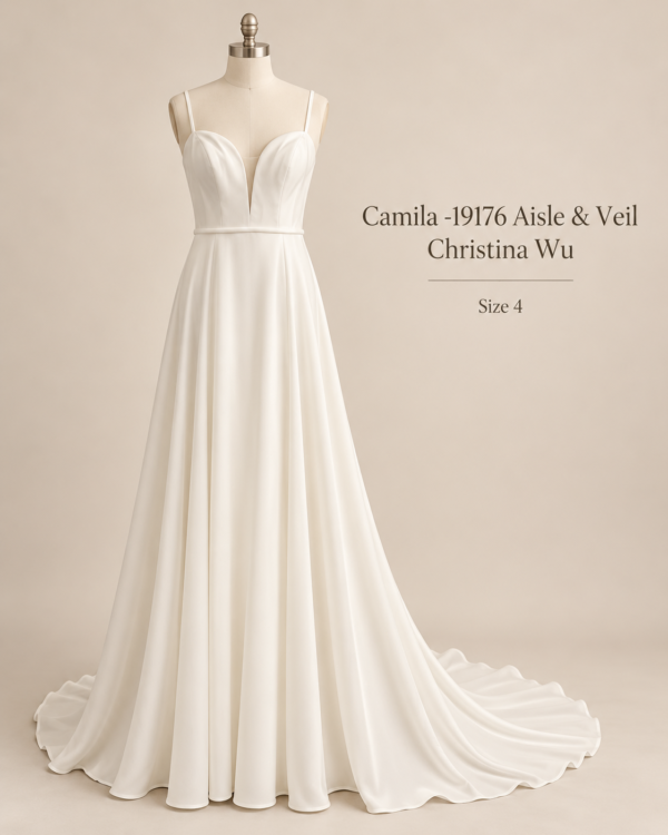 Front view of Christina Wu Aisle & Veil Camila 19176 size 4 wedding dress with plunging neckline, spaghetti straps and satin A-line skirt