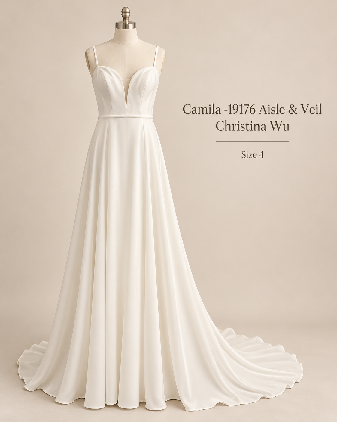 Front view of Christina Wu Aisle & Veil Camila 19176 size 4 wedding dress with plunging neckline, spaghetti straps and satin A-line skirt