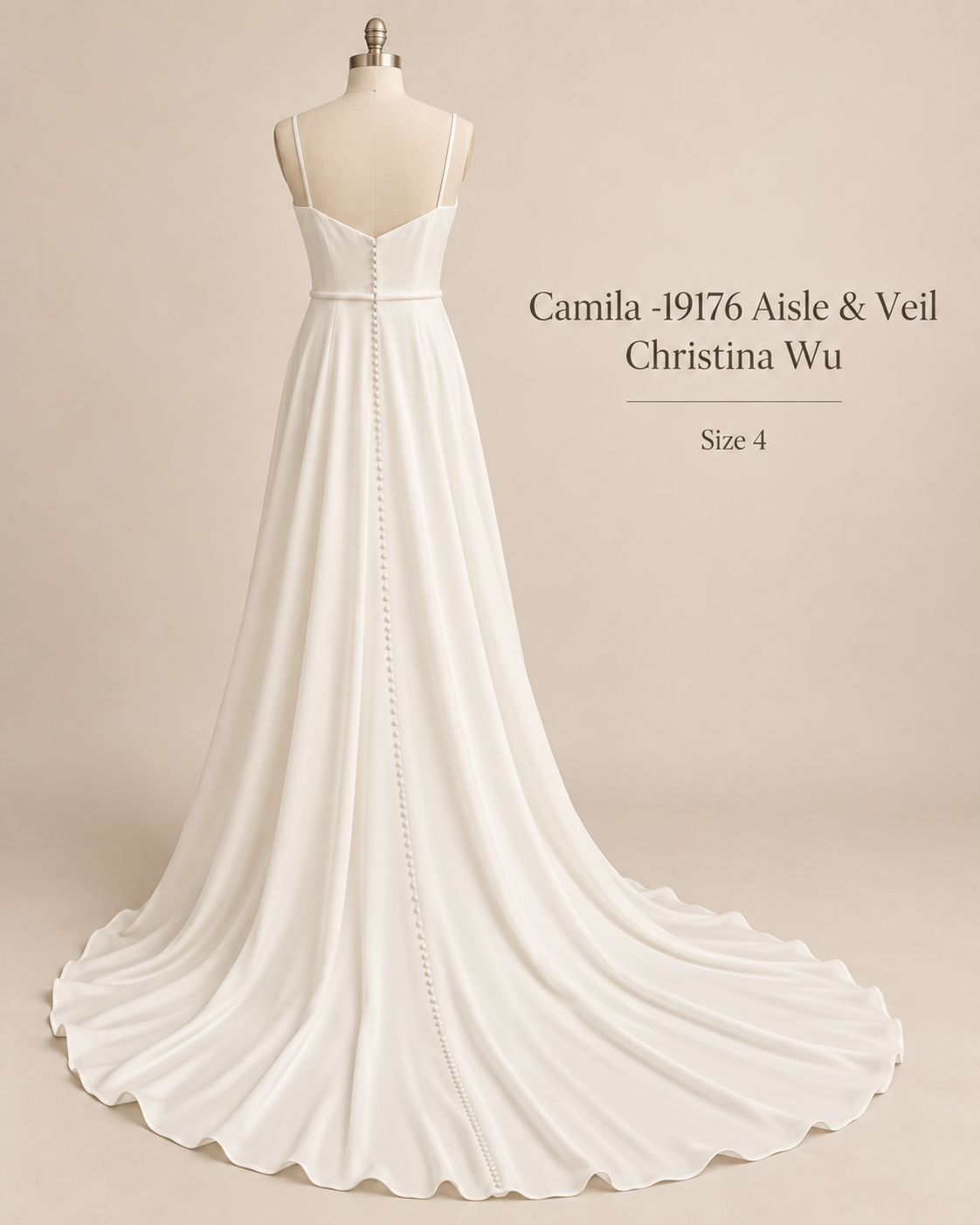 Back view of Christina Wu Aisle & Veil Camila 19176 size 4 wedding gown with low back, covered buttons and long satin train