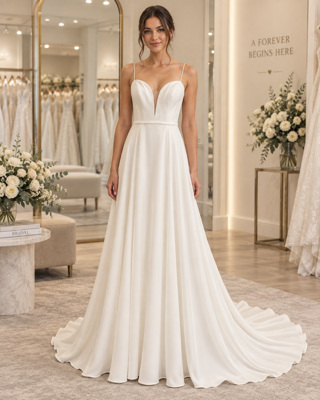 Bride wearing Christina Wu Aisle & Veil Camila 19176 size 4 wedding dress with sculpted plunge neckline and minimalist A-line silhouette