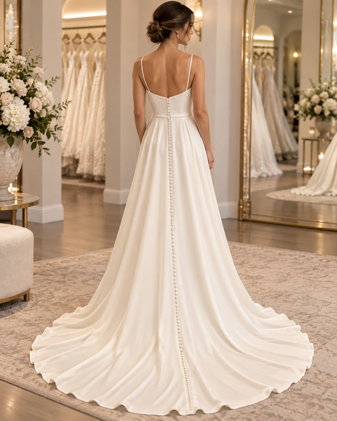 Bride wearing Christina Wu Aisle & Veil Camila 19176 size 4 wedding gown showing low back, button detail and sweeping satin train