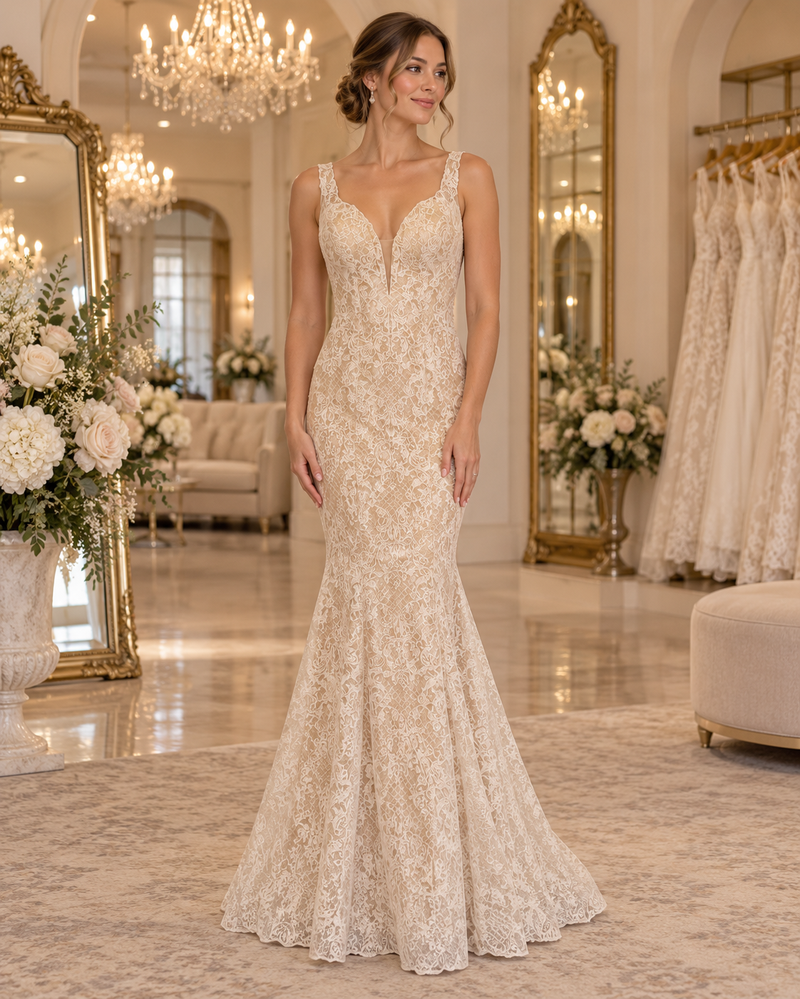 Bride wearing Camila size 6 ivory lace wedding dress with plunging V neckline and nude underlay