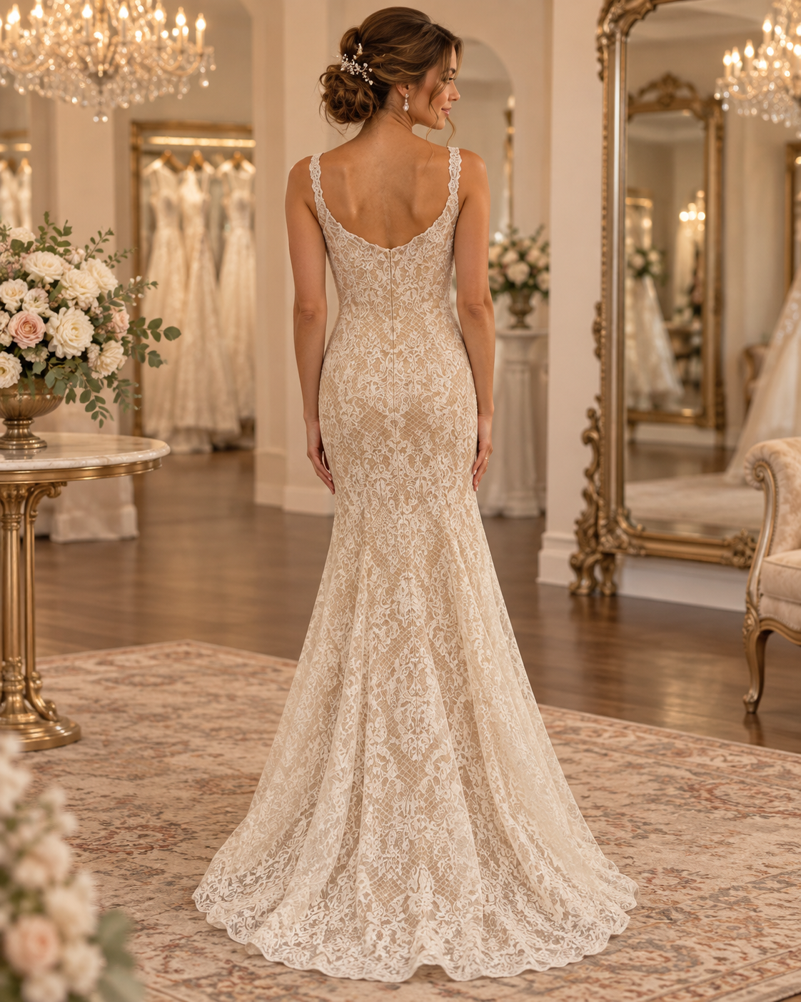 Back view of bride wearing Camila size 6 fitted lace wedding gown with low scoop back and flared skirt