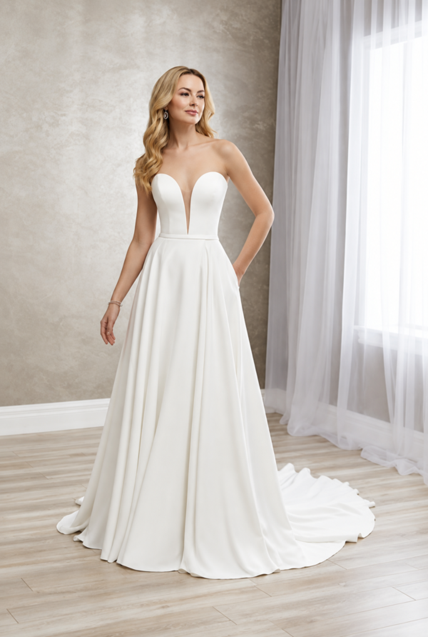 The “Camila” Gown by Christina Wu: Minimalist Crepe Elegance with a Sculpted Plunge Neckline