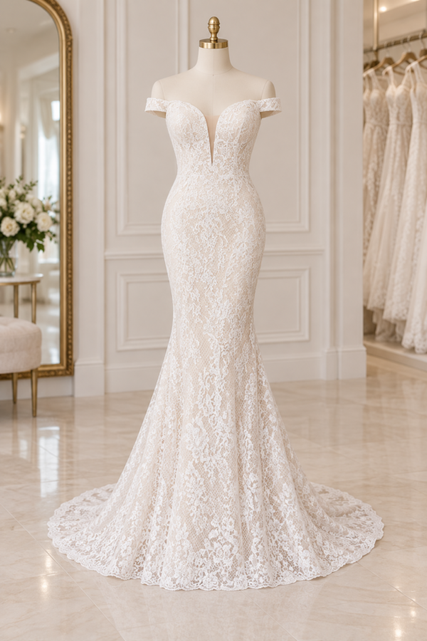 Clarisse Love Wedding Dress – Size 6 | Off-Shoulder Lace Mermaid Bridal Gown | Style 600109