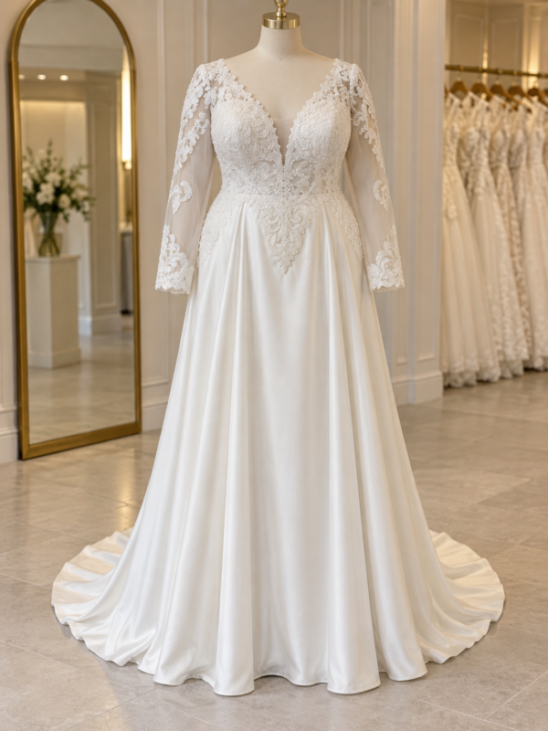 Adela Elena Wedding Dress – Size 22 | Ivory Long-Sleeve Lace A-Line Bridal Gown