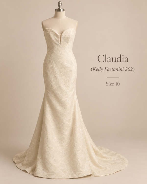 Front view of Kelly Faetanini Claudia style 262 size 10 wedding dress with strapless notched neckline and floral jacquard fabric