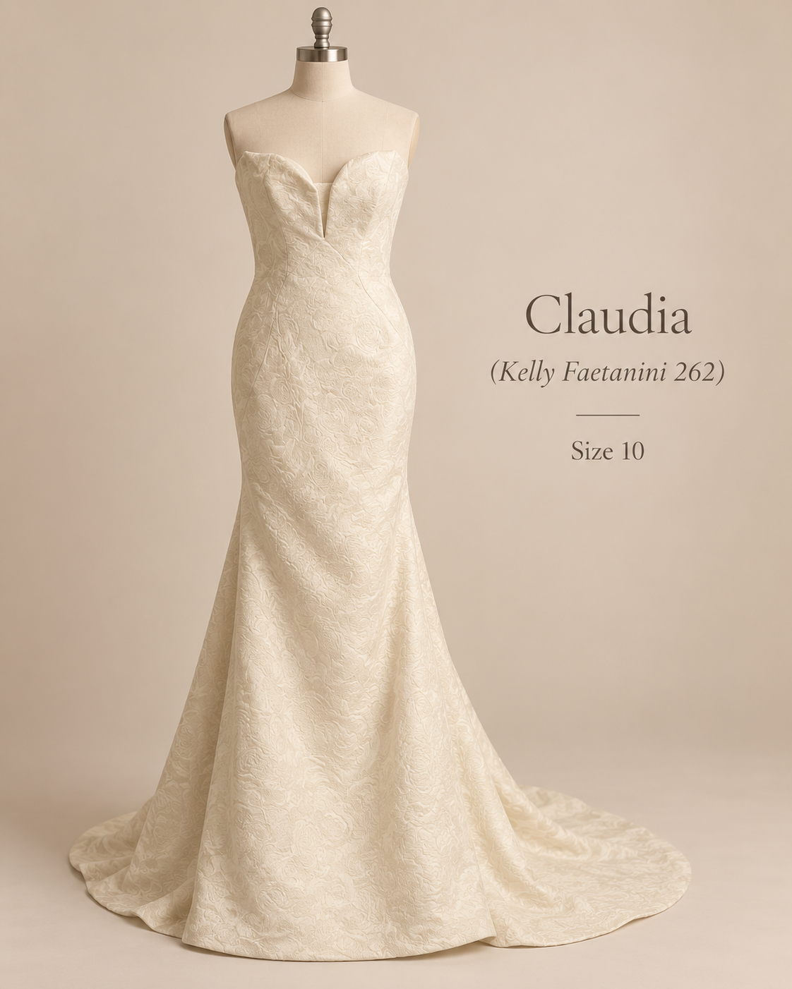 Front view of Kelly Faetanini Claudia style 262 size 10 wedding dress with strapless notched neckline and floral jacquard fabric