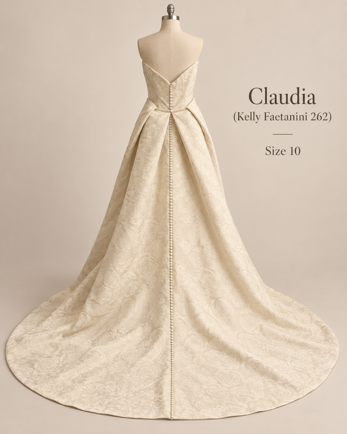 Back view of Kelly Faetanini Claudia size 10 bridal gown with detachable jacquard train and covered buttons