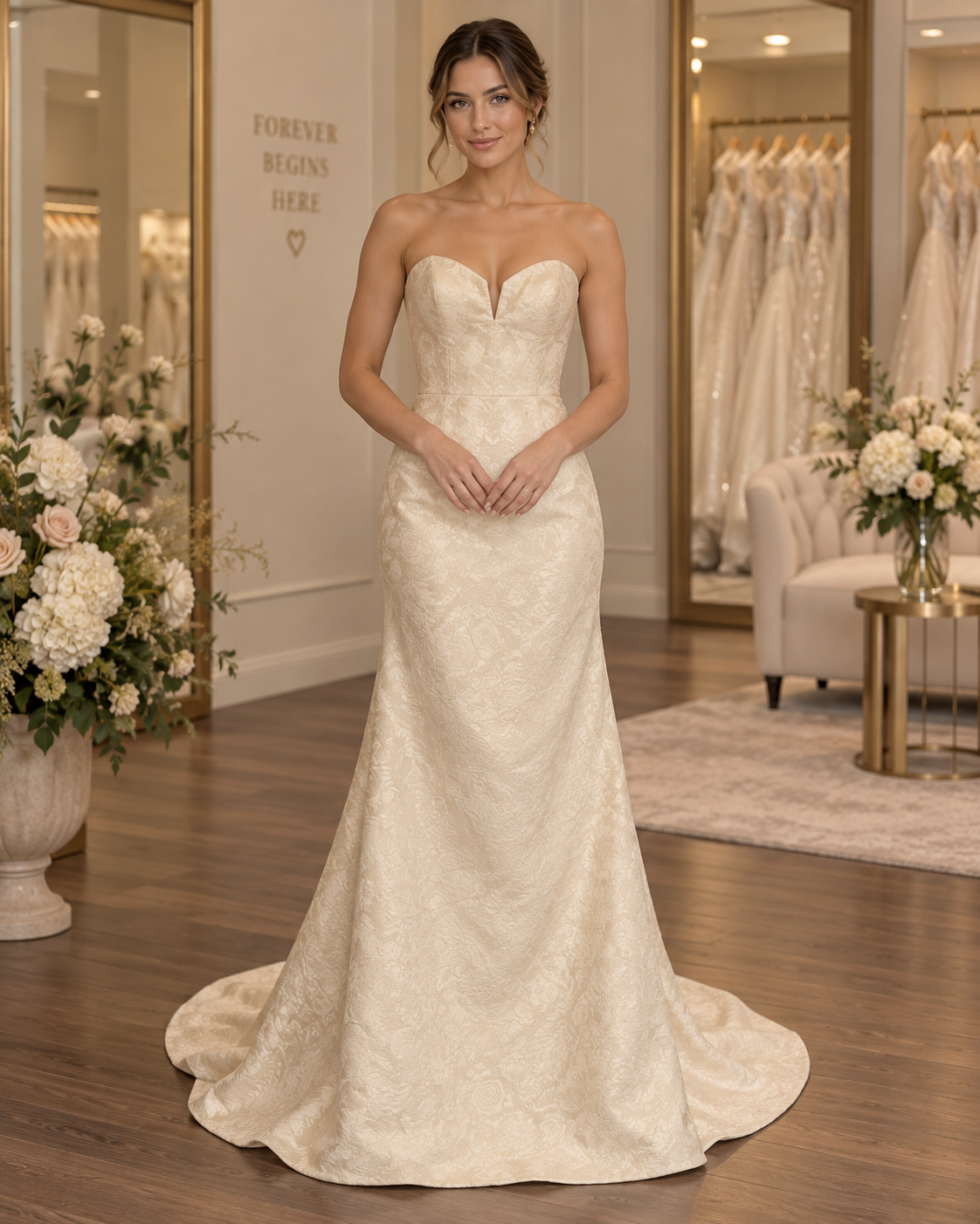 Bride wearing Kelly Faetanini Claudia style 262 size 10 strapless fit-and-flare wedding gown in ivory floral jacquard