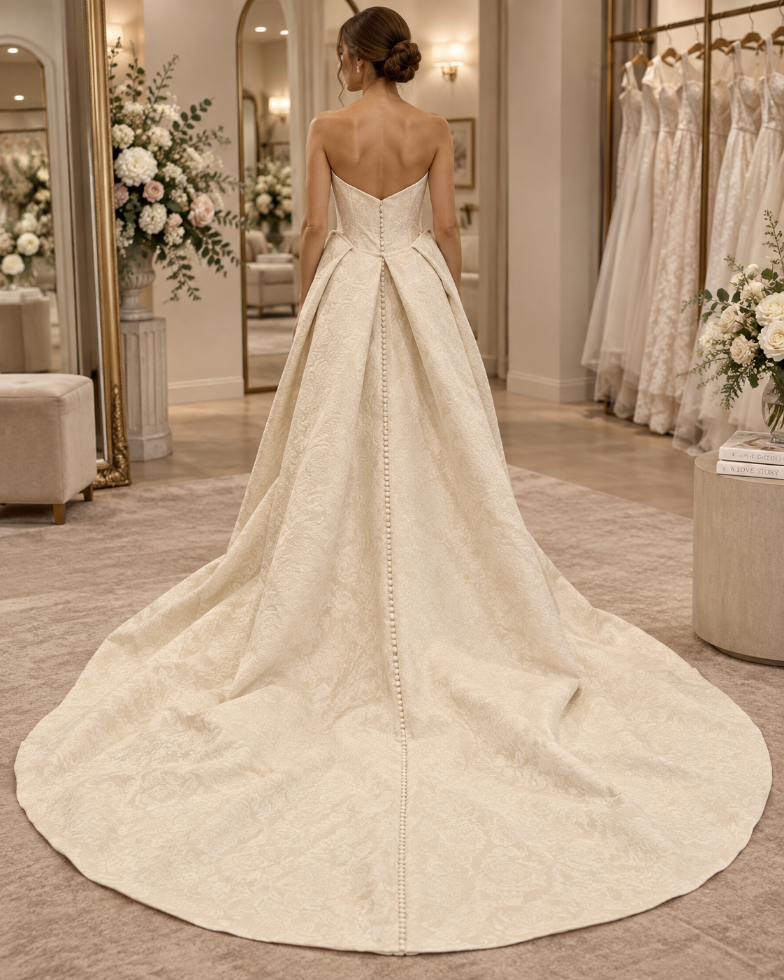 Bride wearing Kelly Faetanini Claudia wedding dress showing detachable statement train, V-back and covered buttons