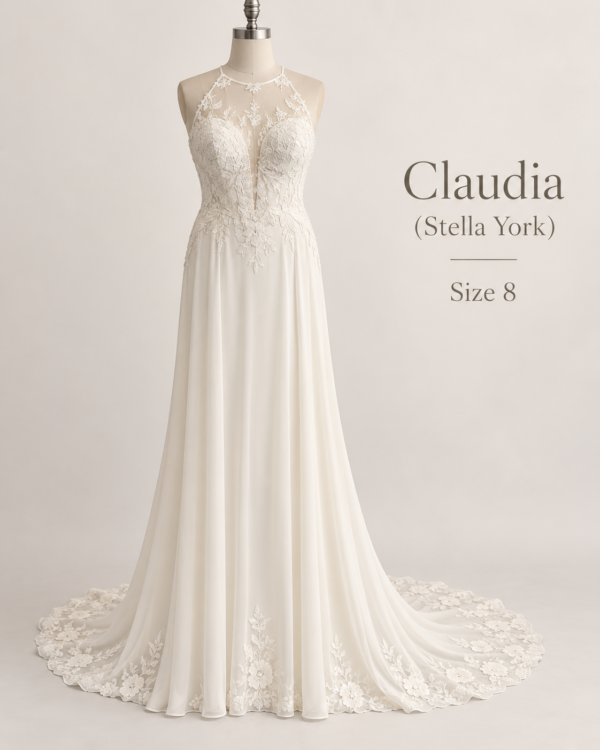 Front view of Stella York Claudia size 8 wedding dress with illusion neckline, floral lace bodice and flowing A-line skirt