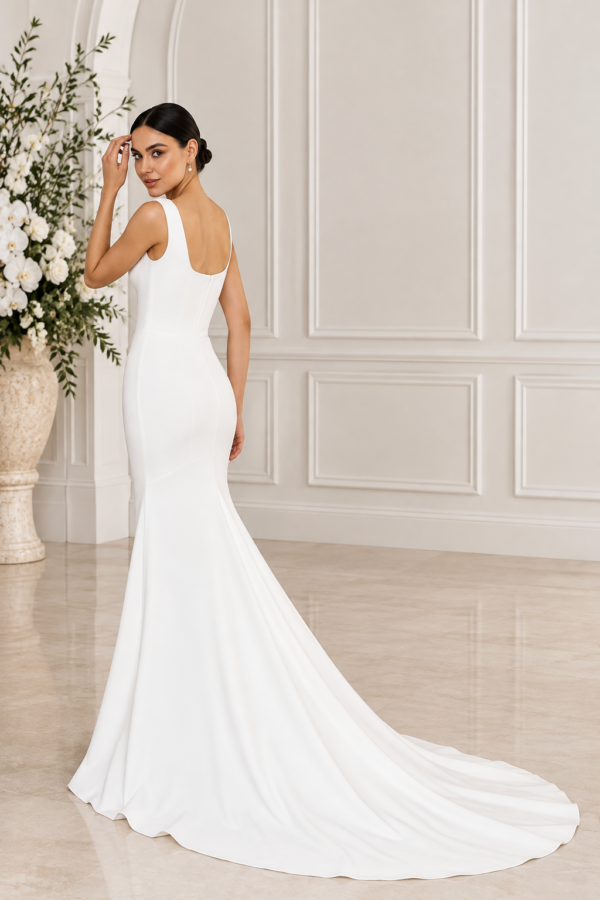 Della Private Label Wedding Dress: Minimalist Crepe Fit-and-Flare Gown with Scoop Neckline