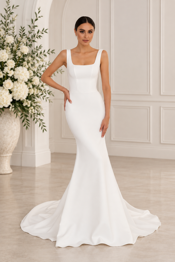 Della Private Label Wedding Dress: Minimalist Crepe Scoop Neck Gown – Size 6