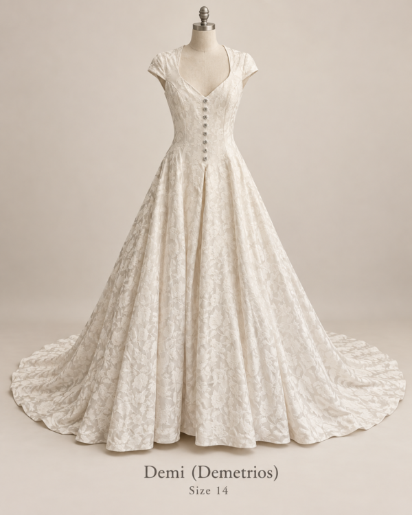 Front view of Demetrios Demi size 14 wedding dress with V-neckline, cap sleeves, floral fabric and full ballgown skirt