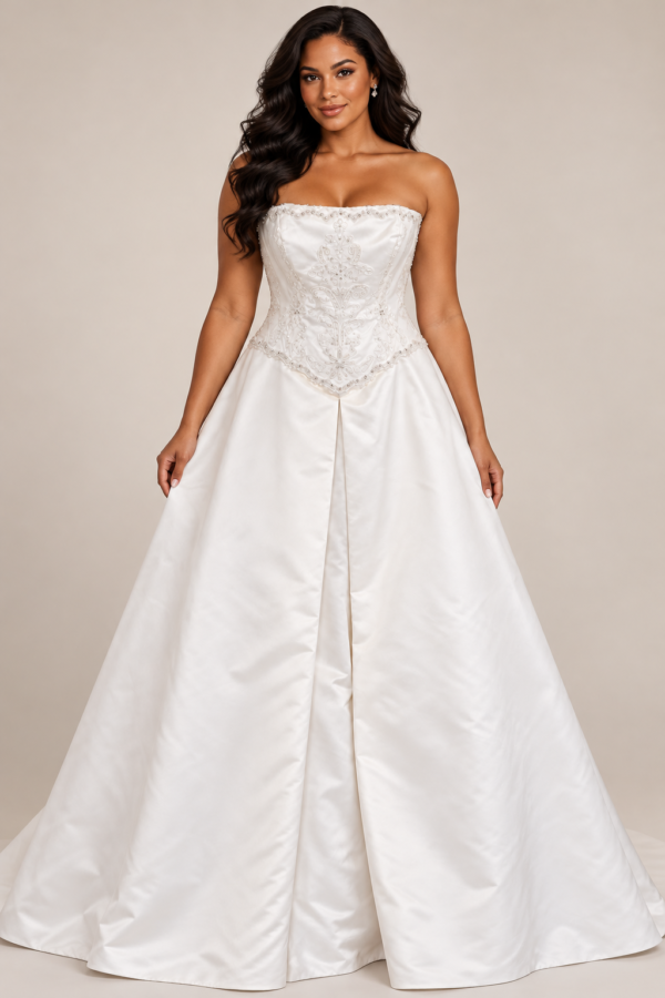 The “Ilissa” Gown by Demetrios: Regal Satin Elegance with a Detachable Train