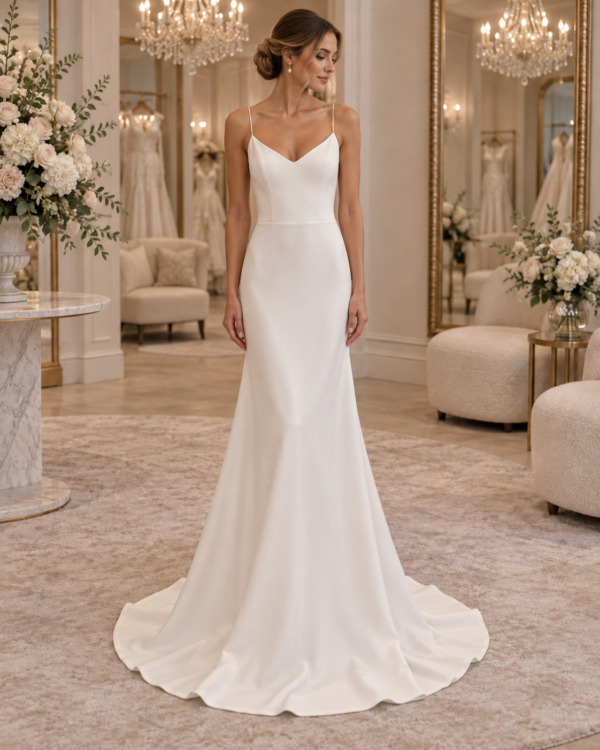 Bride wearing Elena-Adela size 22 minimalist ivory satin wedding dress with delicate spaghetti straps
