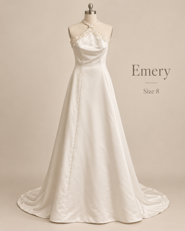 Emery Wedding Dress: Elegant Satin Halter A-Line Gown with Beaded Trim