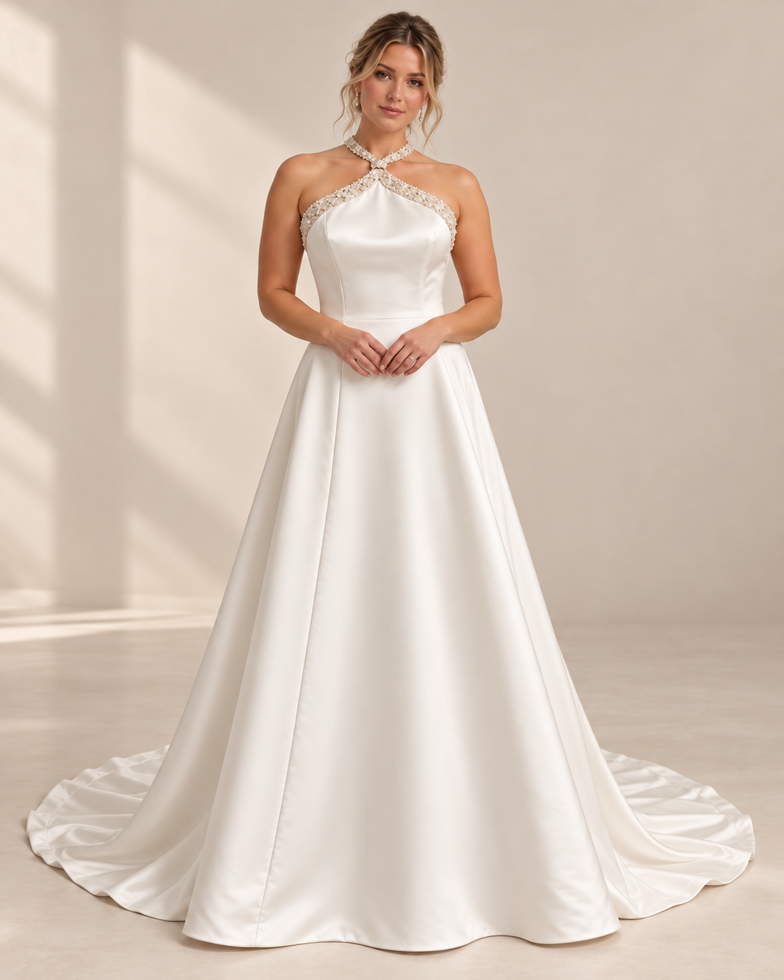 Emery Wedding Dress: Elegant Satin Halter A-Line Gown with Beaded Trim